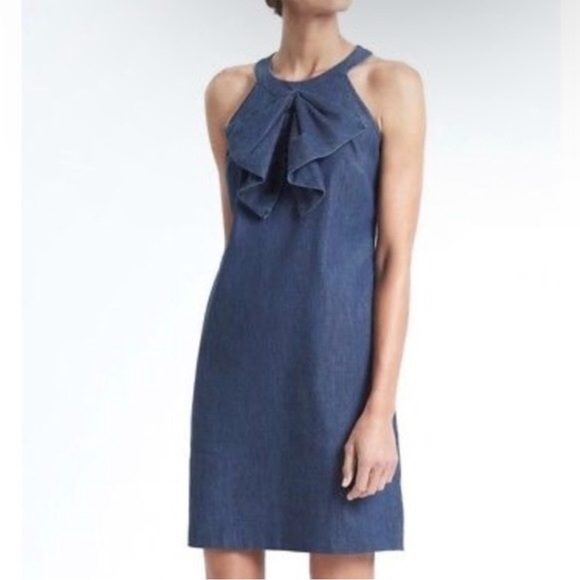 Banana Republic Denim Oversized Bow Halter Mini Dress Size 0 1960’s Office - Picture 1 of 7